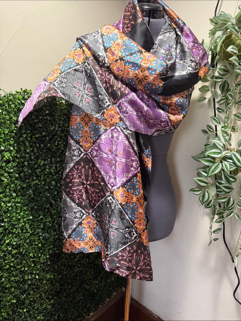 Vince Camuto Patchwork Print Scarf in Purple, Black & Orange